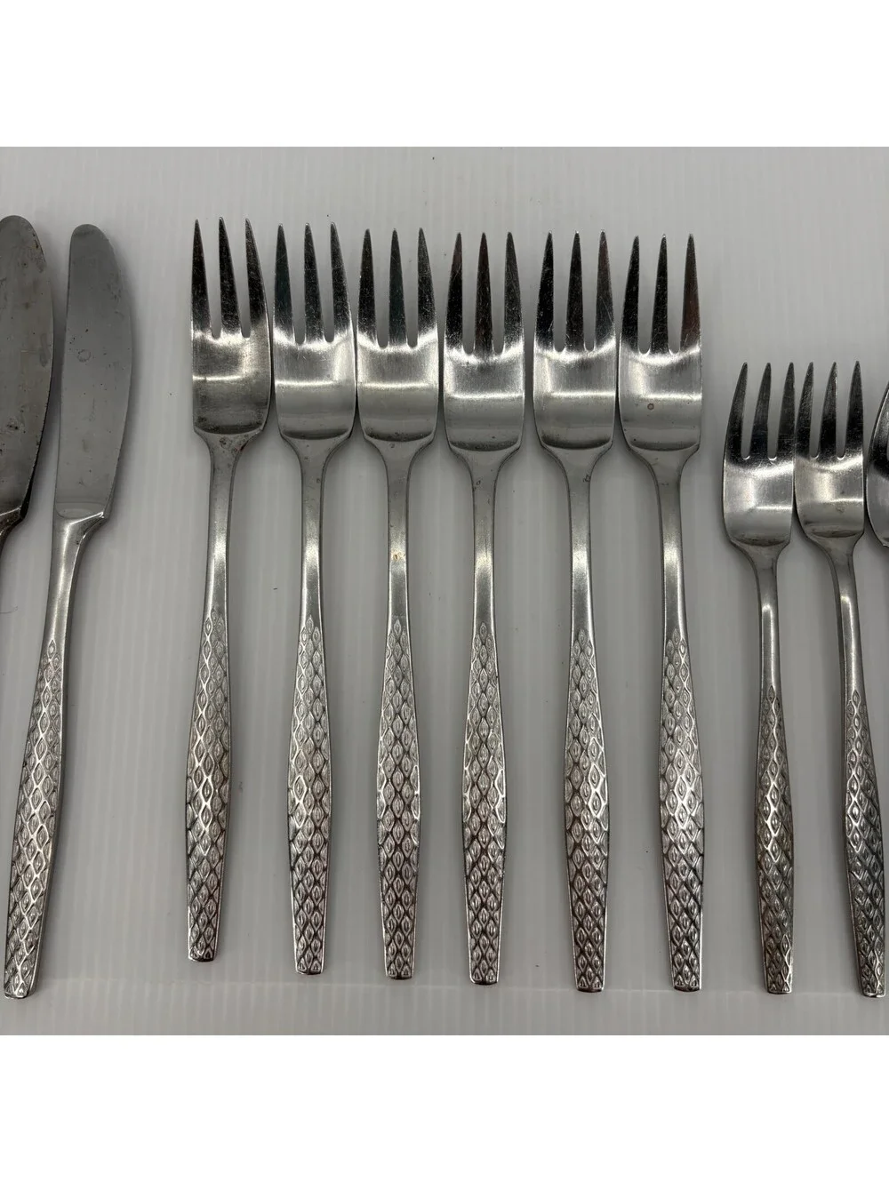 Dansk Designs Denmark IHQ 14 Pc Stainless Flatware Diamond Pattern Forks Knives